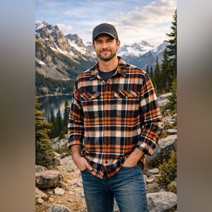 Patagonia Men’s Fjord Flannel Shirt Orange Black Plaid Organic Cotton Medium